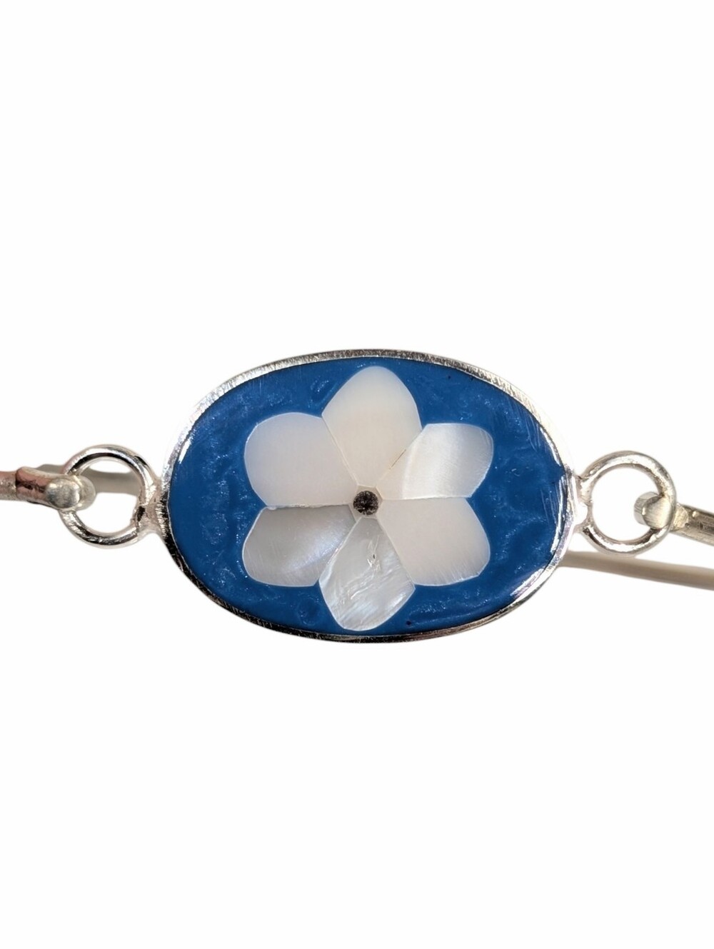 Alpaca Mexico Blue With White Inlay MOP Flower Silver Bangle Bracelet